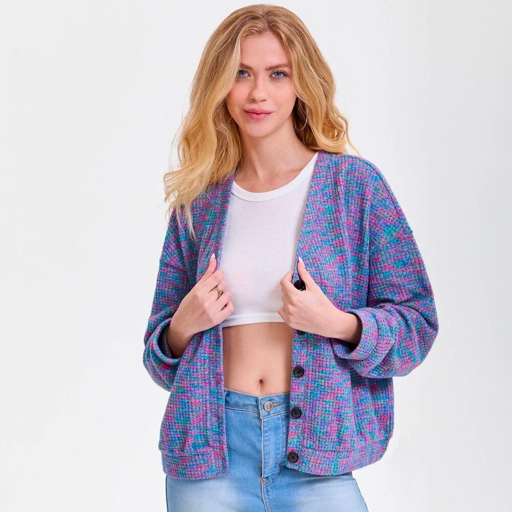 Wild Fable Purple Abstract V Neck Button Cardigan Small - Picture 1 of 15